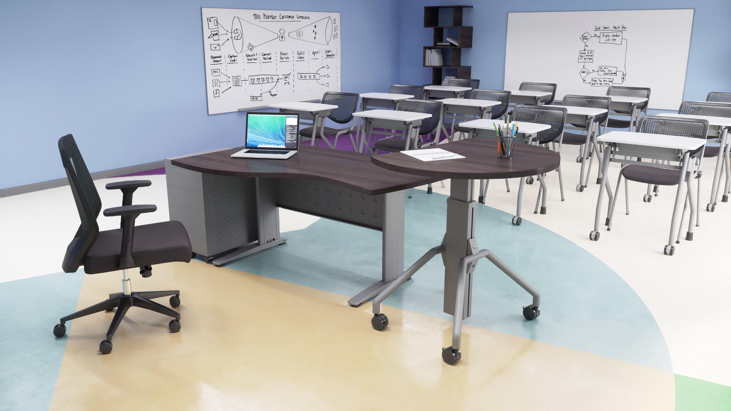 Classroom with Teacher CSW C-Series Wave Desk with Nesting Arriba Height Adjustable Mobile Table & Mobile Pedestal