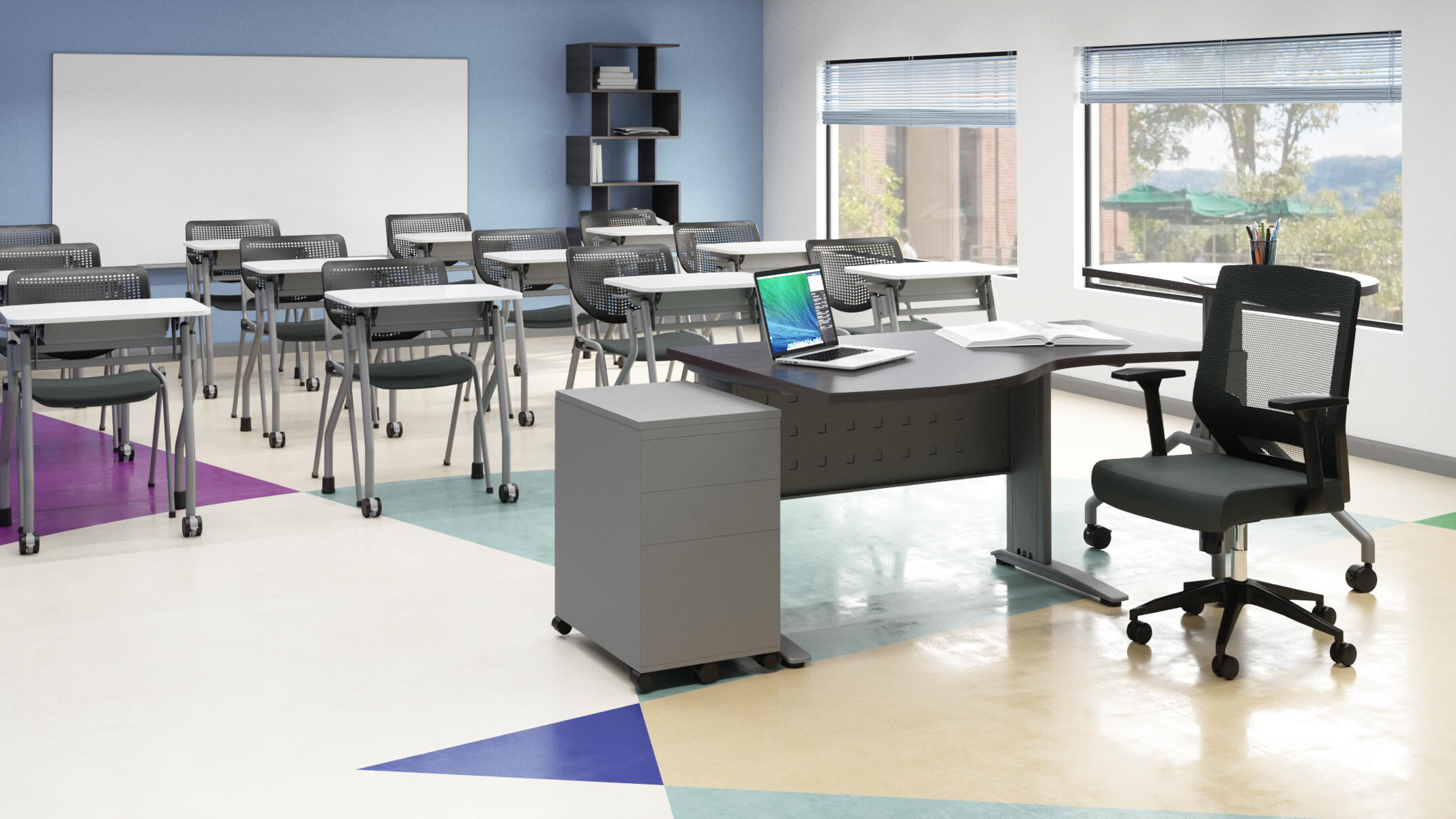 Classroom with Teacher CSW C-Series Wave Desk with Nesting Arriba Height Adjustable Mobile Table & Mobile Pedestal