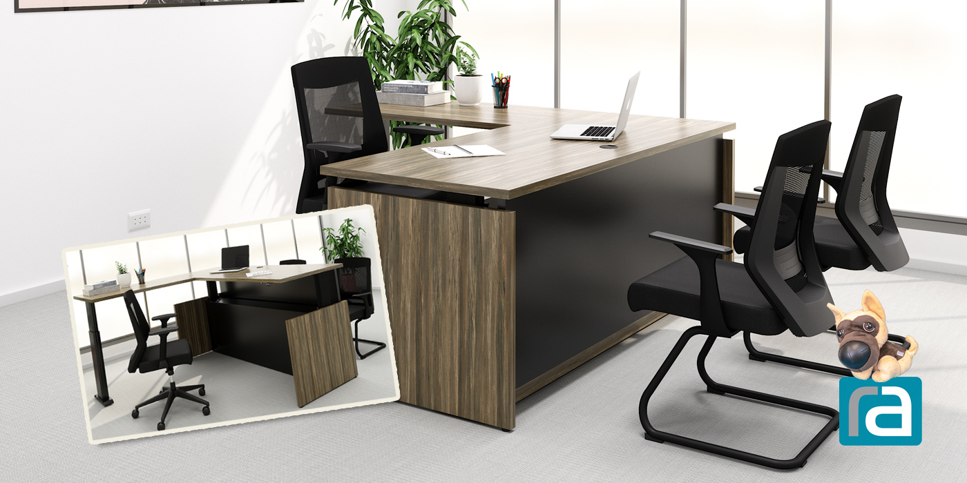 Realize Peninsula Desk in L-Configuration + Glass Modesty Panel + Pedestal